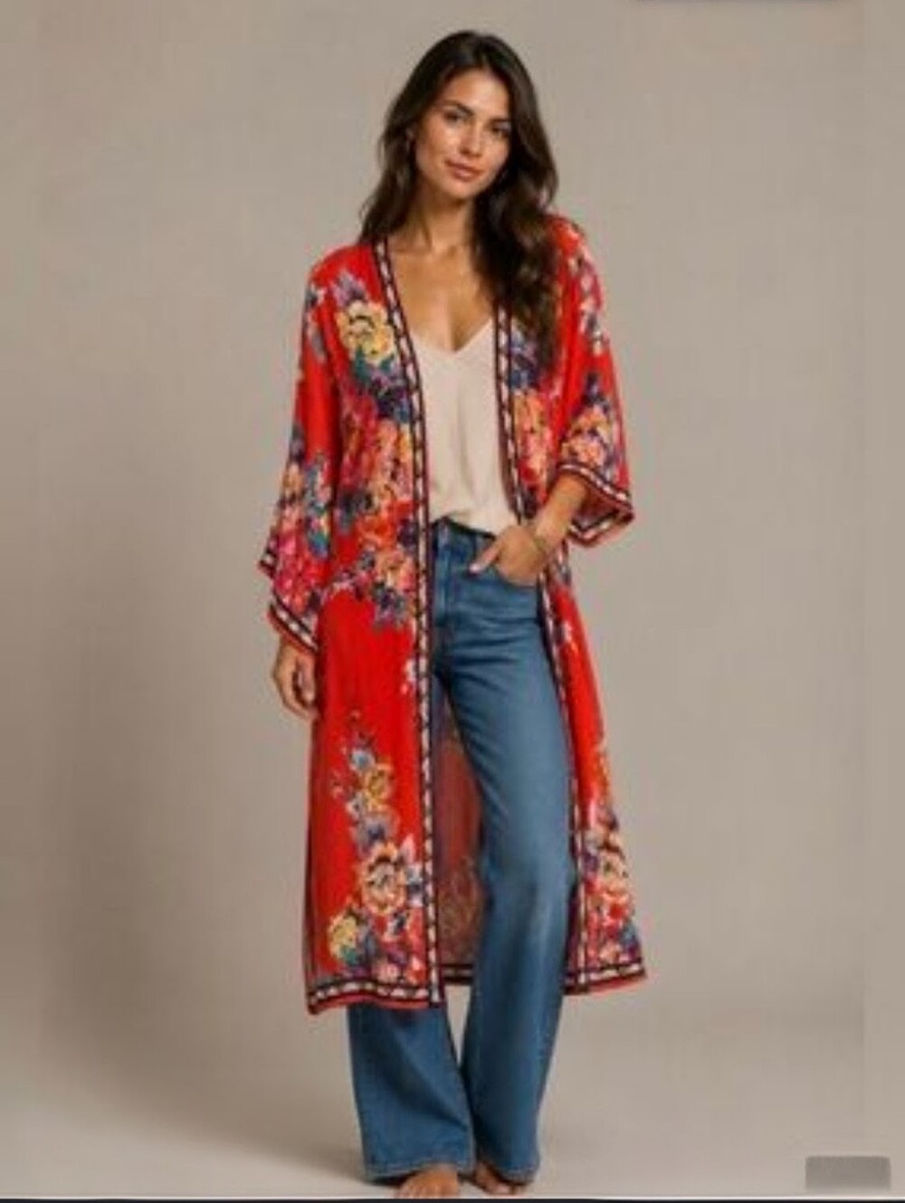 Flying Tomato Red Floral Kimono Duster Cardigan Small Medium